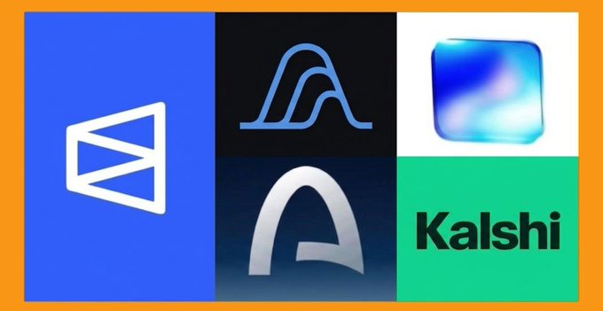 The image features a square graphic with four different logos, each representing a company or project. The first logo is blue and white, the second one is green and white, the third one is black and white, and the fourth one is orange and white. These logos are associated with various companies such as Kalshi, Variational I/O, Base, and Arc. The image also includes a caption that reads "Probably, the projects with the highest expectations within 2026 and those could provide nice returns for those on the inside are as follows @various ?".