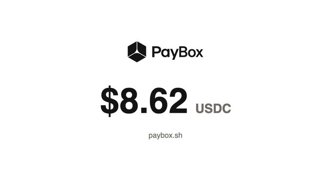 A minimalist PayBox payment receipt displays a black 3D cube logo alongside the amount **$8.62 USDC** in large bold text, confirming the crypto payment received from @MoonPay via paybox.sh.