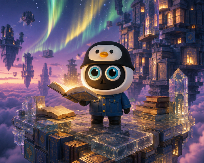 A 3D-rendered cartoon penguin wearing a blue jacket and a hood reads a glowing magical book, standing on a glass platform surrounded by floating islands and auroras.