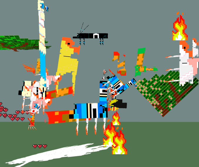 A chaotic pixel art scene with abstract colorful structures, flames, a black object with antennae, and rows of red hearts against a gray background.