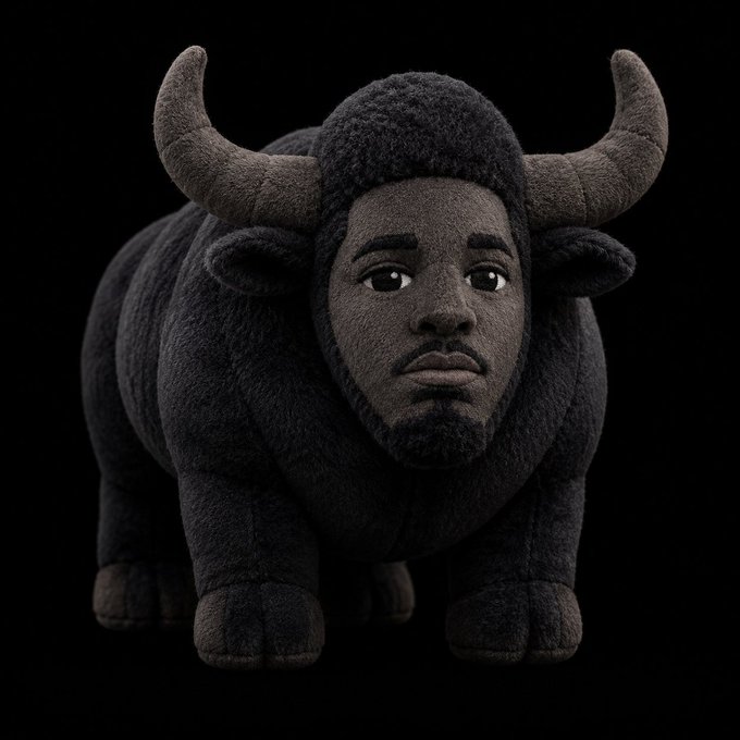 A surreal 3D render of a black bull with a human face on its head, set against a dark background.