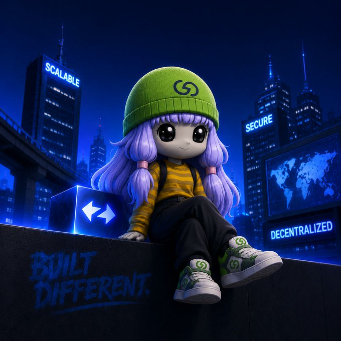 The image features a cartoon girl sitting on top of a wall, wearing a green hat with a white logo. The background shows a city skyline at night, with buildings illuminated by blue lights. There are also two words written above her head that say "vulit different". This suggests that the girl is in a creative or artistic context, possibly related to the post about making capital productive and trading global markets.