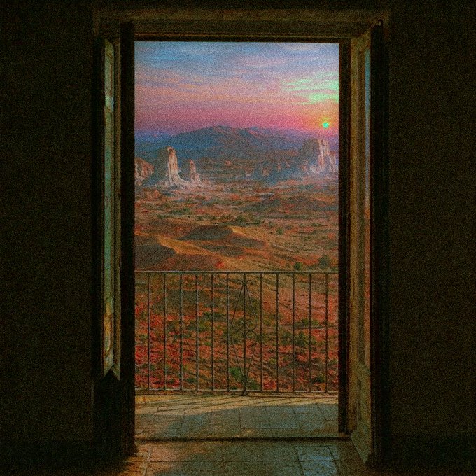 A scenic view through an open doorway and balcony, showing a sunset over rocky mountains and desert landscape.