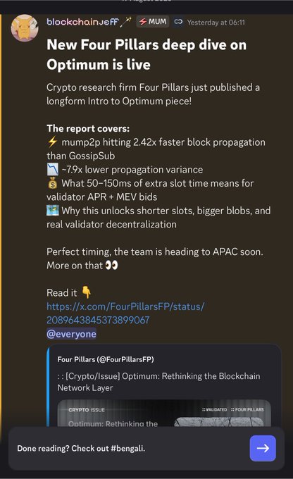 A Discord message from 'blockchainJeFF' announcing a new Four Pillars deep dive report on Optimum, highlighting 'mump2p' hitting 2.42x faster block propagation than GossipSub.