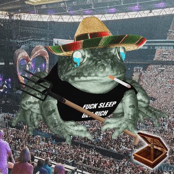 A digital artwork of a large frog wearing a sombrero and a shirt reading "FUCK SLEEP I'M RICH," holding a trident and a treasure chest in a stadium setting.