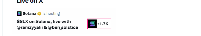 A Twitter/X post notification showing 'Solana is hosting' with the text '$LX on Solana, live with @ramzyyalii & @ben_solstice', featuring a Solana-branded profile image with a pink '+1.7K' indicator showing new notifications.