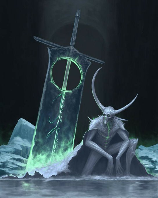 A dark fantasy illustration depicts a horned, skeletal figure with glowing green eyes sitting beside a large, rune-inscribed sword that emits an eerie green glow, surrounded by ice and mist.