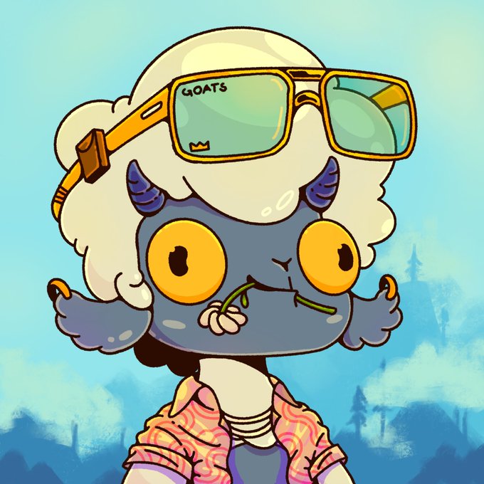 A colorful cartoon illustration features a blue creature with large yellow eyes wearing oversized orange sunglasses labeled 'GOATS' and a pink patterned shirt.