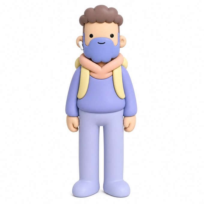 A 3D-rendered cartoon character figurine with curly brown hair, wearing a purple outfit, a blue face mask, and a beige and peach scarf.
