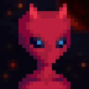 A pixel art image of a red devil-like character with horns and glowing blue eyes against a dark background.