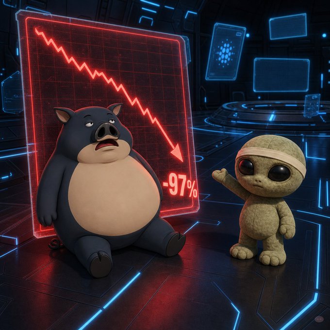 A 3D rendered scene shows a sad, plump pig sitting in front of a red holographic chart displaying a steep downward arrow and '-97%', while an alien-like figure with large black eyes points at it in a futuristic room.