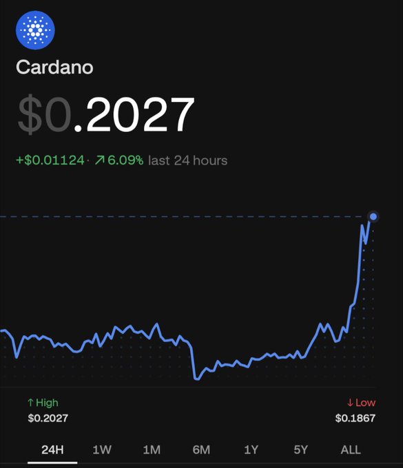 A crypto price chart for Cardano (ADA) showing a current price of $0.2027, up 6.09% ($0.01124) in the last 24 hours, with a 24-hour high of $0.2027 and low of $0.1867.