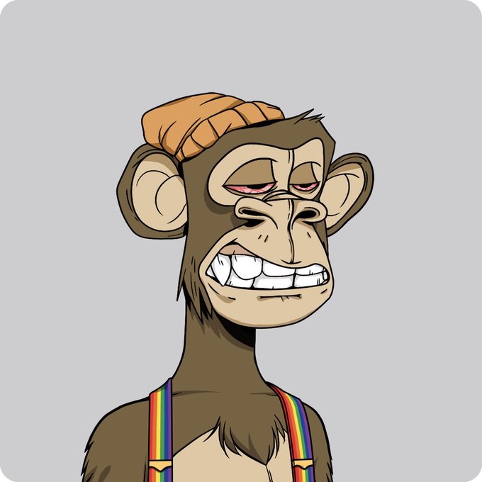 A cartoon illustration of a Bored Ape-style monkey wearing an orange beanie and rainbow-striped suspenders with a sly, side-eyed grin.