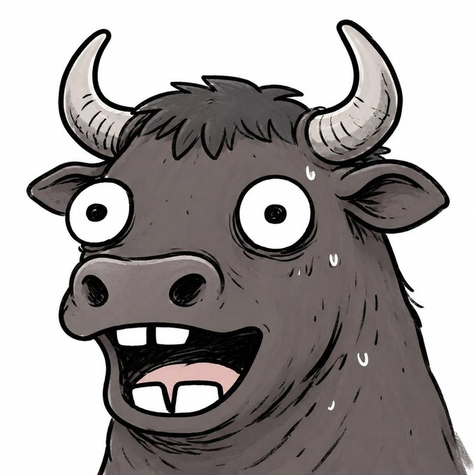 A cartoon illustration of a shocked-looking bull with wide eyes, an open mouth showing teeth, and sweat drops on its face.