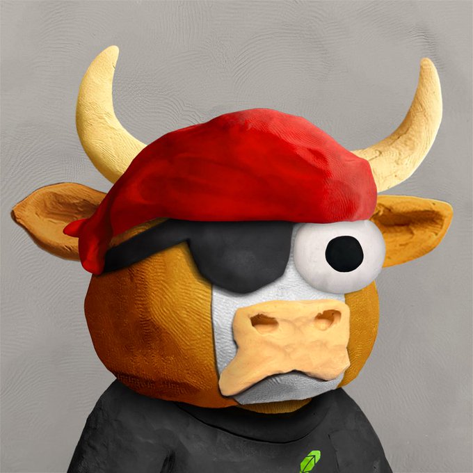 A clay sculpture depicts a bull wearing a red pirate bandana and an eye patch, with a green leaf logo on its black shirt. The playful pirate-themed "Clay StonKz" bull blends financial mascot culture with whimsical, handcrafted artistry.