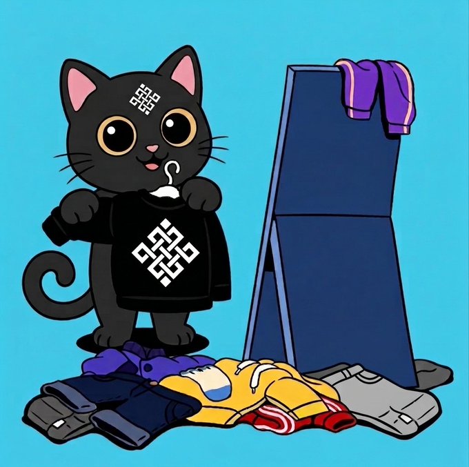 A cartoon black cat with a knot symbol on its forehead holds a black shirt with the same Celtic-style knot, standing next to a mirror with various clothes piled at its feet on a turquoise background.