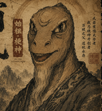 A stylized, vintage-looking portrait of an anthropomorphic turtle with Chinese characters and the English text 'THE ULTIMATE SAGE' on the left side.