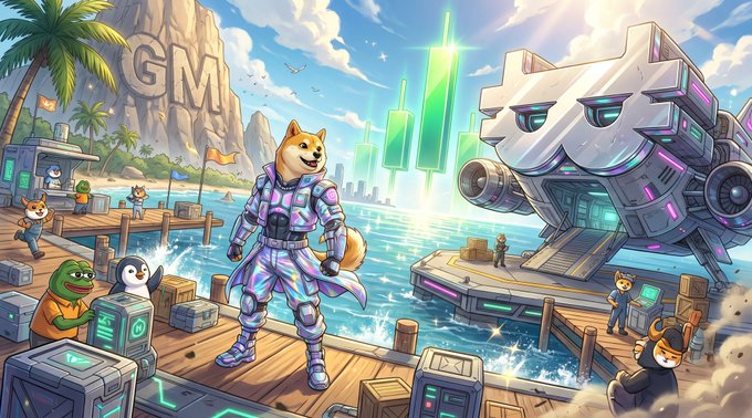 A colorful digital game artwork showing a Shiba Inu dog in futuristic armor on a tropical dock with penguins, a large mech robot, and a stock chart with green candles.