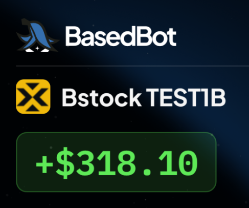 A screenshot from BasedBot shows a successful meme test on "Bstock TEST1B" with a profit of "+$318.10" displayed in green, illustrating the user's quick profit while awaiting MoonPay's X connection integration.