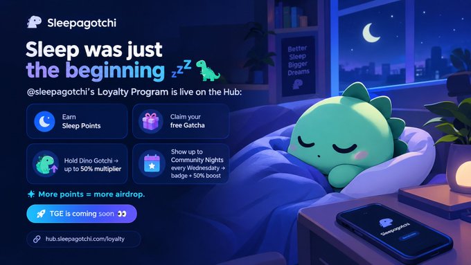 A promotional graphic for Sleepagotchi reads 'Sleep was just the beginning,' advertising a loyalty program with features like earning Sleep Points and claiming a free Gatcha.