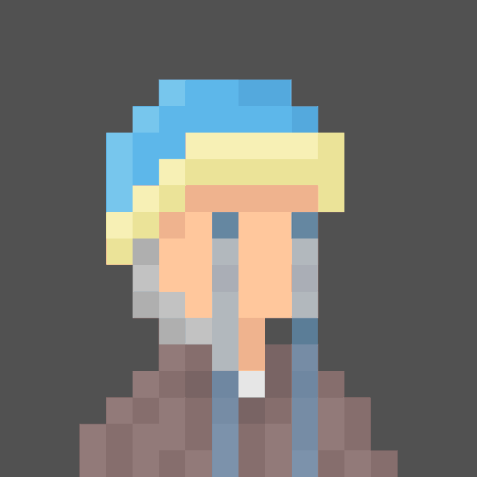 A pixel-art portrait of a blonde character wearing a blue cap and brown jacket, rendered in a retro video game style on a gray background.