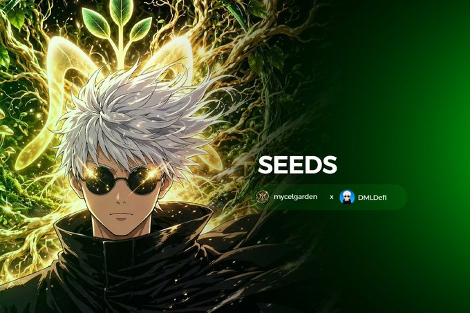 An anime-style illustration featuring a character with white hair, sunglasses, and a glowing bow tie made of plants, with the text 'SEEDS' and 'mycelgarden x DMLDefi' displayed on a green background.