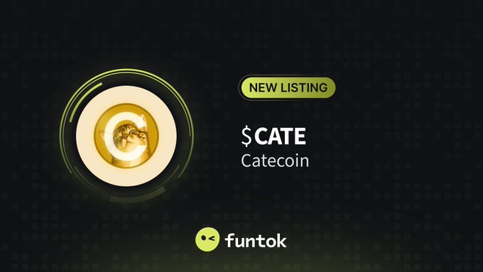The image is a promotional graphic announcing the new listing of "$CATE Catecoin" on Funtok, featuring a golden coin emblem with a large "C" and a cat design on a dark background. The graphic visually reinforces the post's announcement by displaying the token ticker and name alongside the "NEW LISTING" badge and Funtok branding.
