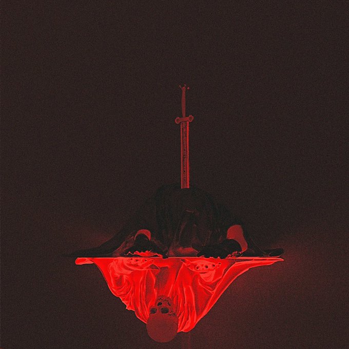 A dark, dramatic artwork featuring a hooded figure with a red-hilted sword pointing upward, with a red-illuminated inverted reflection below showing a face.