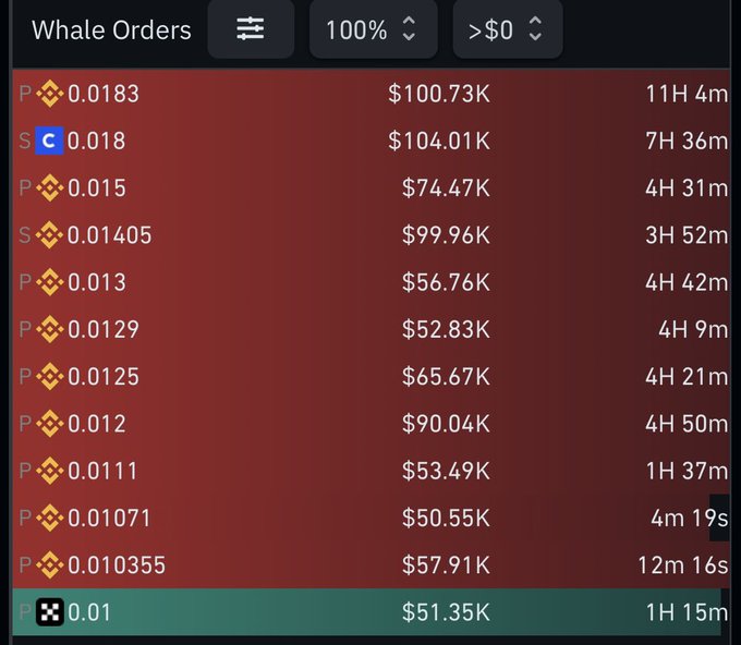 A "Whale Orders" trading interface showing large BNB buy and sell orders with prices ranging from 0.01 to 0.0183 and USD values from $50K to $104K.