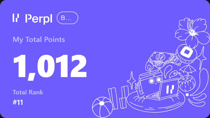 The image shows a purple card with a blue background, displaying information about a person's total points achieved from trading Perpl. The card features illustrations depicting different objects such as a car, umbrella, camera, and a coin. The text on the card includes a list of achievements such as hitting 100% of their trading rewards in late 2016. It also mentions a rank number 11, which could be a reference to a competition or a ranking system within the trading community.