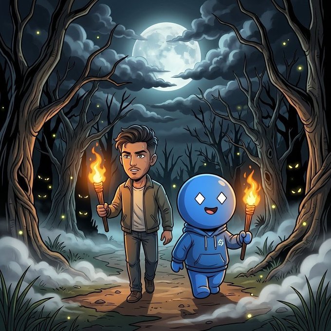 An illustrated scene showing a man and a blue hooded character holding torches as they walk through a spooky moonlit forest, with glowing eyes peering from the dark trees around them.