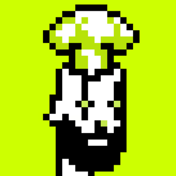 A pixel art image showing a black and white figure with green eyes against a bright green background.