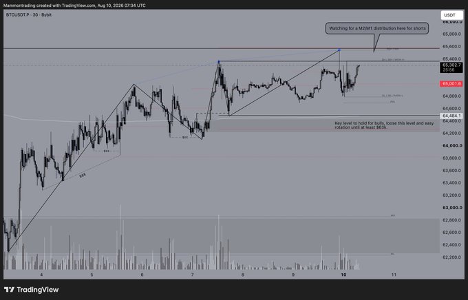 This TradingView chart of BTC/USDT on Bybit (3D timeframe) shows Bitcoin's recent price action pushing into new highs around $65,400 before consolidating within the weekend range near $65,051, with annotations highlighting a potential M2M1 distribution setup for shorts and a key support level near $64,484.1 to hold for bullish rotation toward $65,800+.