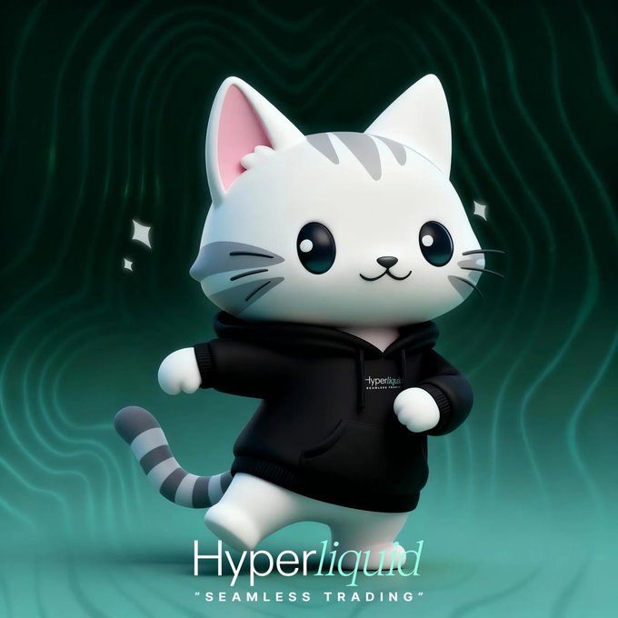A 3D-rendered cartoon cat mascot wearing a black hoodie, branded as "Hyperliquid" with the tagline "SEAMLESS TRADING" on a green background.