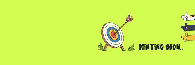 A bright green animated scene featuring a target with an arrow hitting the bullseye, three cartoon pointing hands on the right, and the text 'MINTING SOON..' displayed below.
