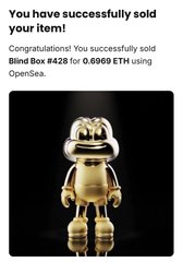 An OpenSea transaction confirmation for the successful sale of 'Blind Box #428' for 0.6969 ETH, accompanied by an image of a golden robotic figurine with a visor.
