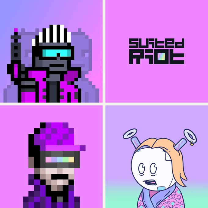 A four-panel promotional image for the game 'Superfuse' featuring a pink and purple color scheme with pixel art characters, including a soldier and a character with rainbow-colored visor and headphones.