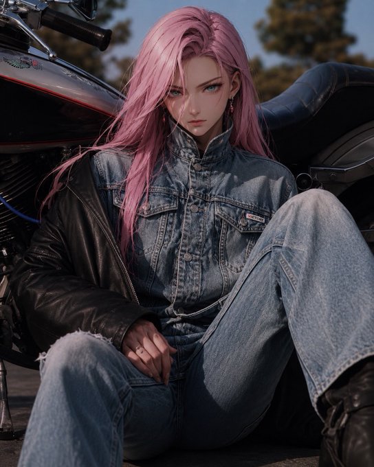 A photo of a woman with long pink hair wearing a denim jacket and leather jacket, sitting on the ground in front of a motorcycle.