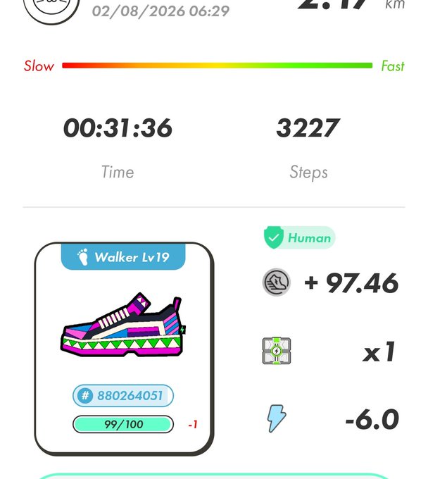 A fitness app screenshot showing a walk of 2.17 km in 31 minutes and 36 seconds with 3227 steps, featuring a 'Walker Lv19' digital sneaker NFT.