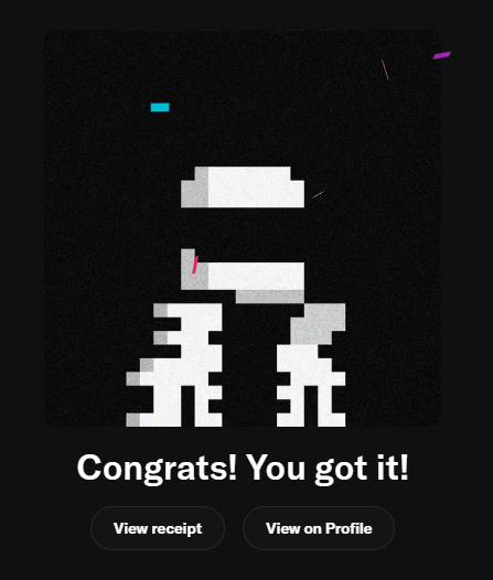 A pixel-art QR code on a dark background with a 'Congrats! You got it!' message and buttons to 'View receipt' and 'View on Profile'.
