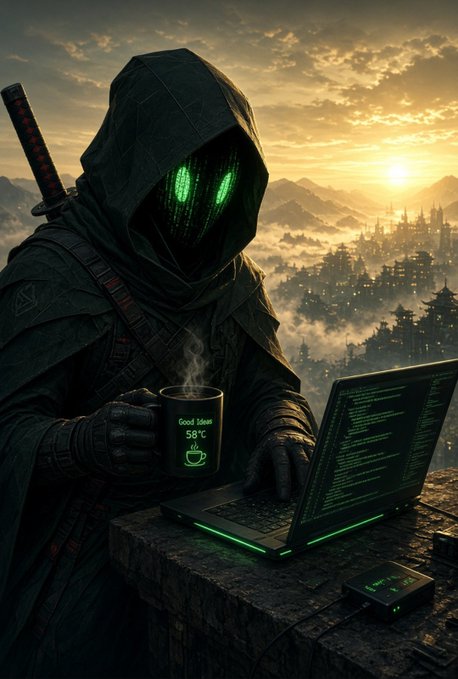 A hooded figure with glowing green digital eyes holding a steaming coffee mug while typing on a laptop displaying green code, set against a sunset cityscape.