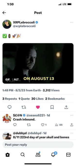 A screenshot of an X (Twitter) post by @xrplebroccoli showing a dark image with yellow text 'ON AUGUST 13', posted on 8/2/23 with engagement metrics visible.