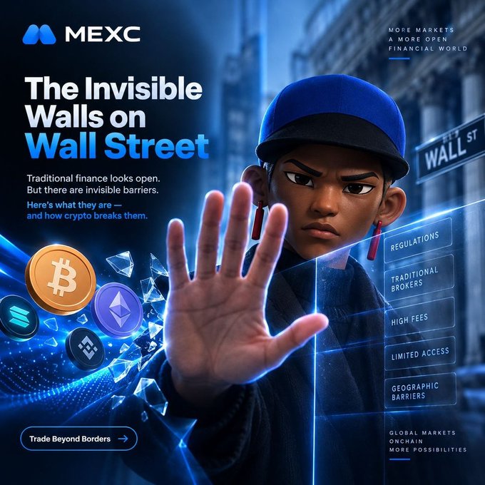 A promotional graphic for MEXC cryptocurrency exchange titled 'The Invisible Walls on Wall Street,' showing an animated character holding up a hand with crypto coin icons and a list of barriers including 'REGULATIONS,' 'TRADITIONAL BROKERS,' 'HIGH FEES,' 'LIMITED ACCESS,' and 'GEOGRAPHIC BARRIERS.'
