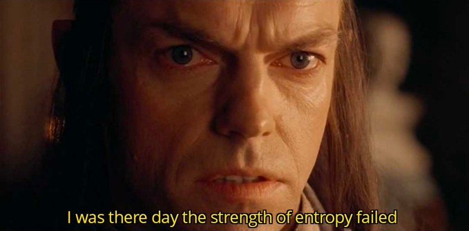 A close-up of a worried-looking man with long hair and pointed ears delivers the subtitle "I was there the day the strength of entropy failed," humorously framing him as a dramatic witness to a hypothetical future Bitcoin heist where cryptographic security collapses.