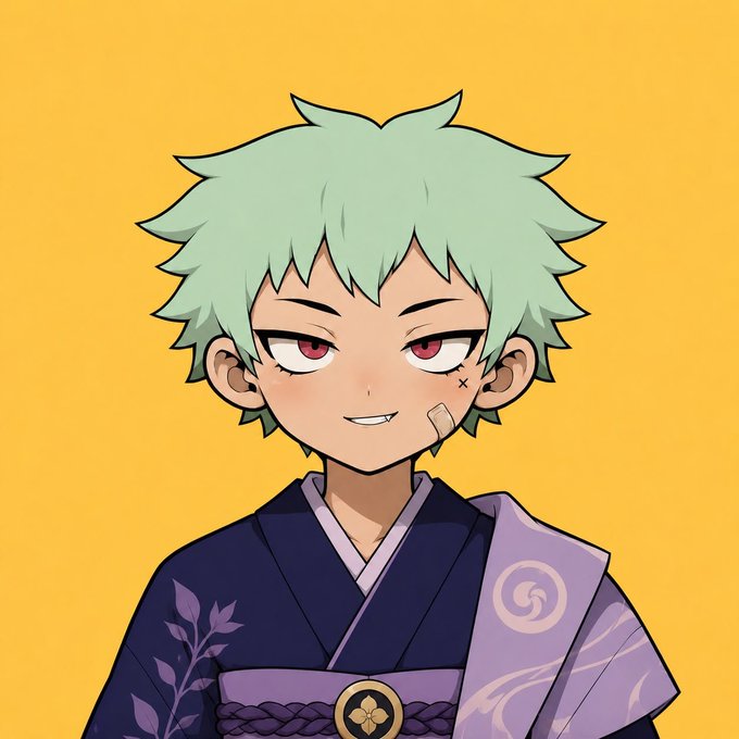 A chibi-style anime character with mint green hair, red eyes, and a small bandage on his cheek, wearing a dark blue and purple kimono with floral and swirl patterns against a yellow background. The character appears to be from the Tsuyans NFT collection mentioned in the giveaway post, featuring the same pale green hair aesthetic associated with the project's artwork.
