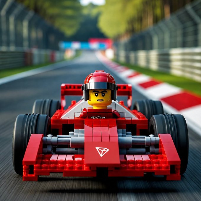 A LEGO Formula 1-style race car with a red-suited driver speeds down a blurred track, with "JR" lettering visible on the nose, symbolizing high-speed, borderless performance. The image visually reinforces the post's message about decentralized finance needing fast, globally scalable infrastructure to fuel real-world economic activity.