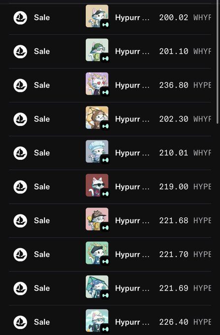 A list of "Sale" transactions for "Hypurr" NFTs on Hyperliquid, with prices ranging from $200.02 WHYF to $236.80 HYPE, showing multiple purchases being made at a time as the floor gets swept.