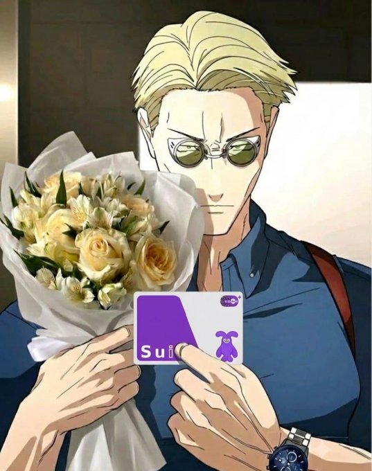 An anime-style illustration of a blonde man with glasses holding a bouquet of cream-colored flowers while pointing at a purple SUI card, featuring a small bunny character on the card.