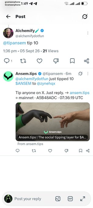 A mobile screenshot of a X (formerly Twitter) post by @alchemifydotfun tipping 10 $ANSEM to @zynehqx, with a reply from @tipansem instructing anyone to reply on mainnet: A5B48ADC - 07:36:19 UTC, showing the 'Creation of Adam' hands illustration.