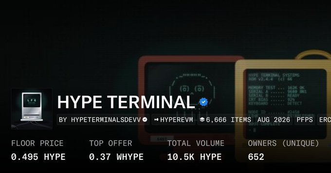 HYPE TERMINAL NFT collection showing stats: 0.495 HYPE floor price, 0.37 WHYPE top offer, 10.5K HYPE total volume, and 652 unique owners. The image supports the post's message about the collection surviving FUD and panic selling to recover its market position.